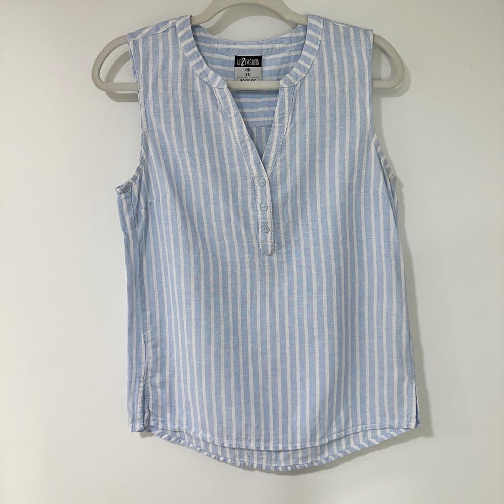 UP2FASHION Striped Linen Blend Blouse‎ Women Size 6 Blue Sleeveless | Coastal